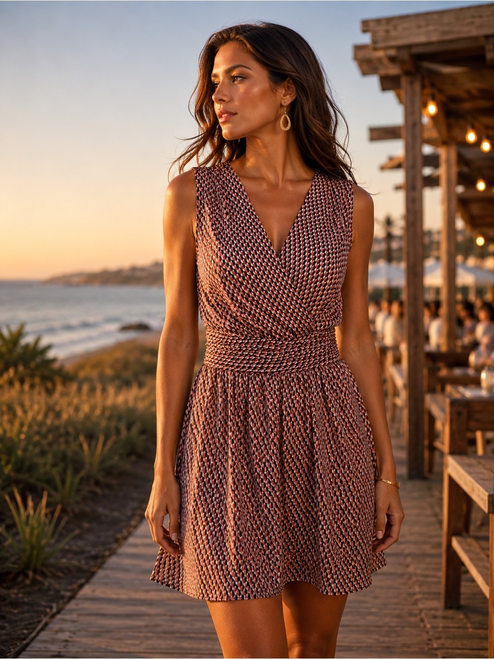 Armani Exchange Sleeveless V-Neck Knit Midi Dress in Burgundy and Cream